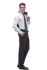 confident young businessman with a jacket over his shoulder. isolated on white