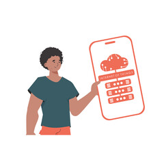 The guy is holding a phone with the IoT logo in his hands. IoT concept. Vector illustration in flat style.