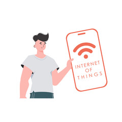 The guy is holding a phone with the IoT logo in his hands. IoT concept. Vector.
