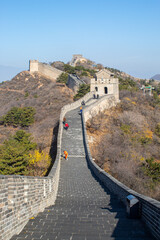 Rare people on the Great Wall of China, Badaling, Beijing, vertical background image with copy space for text