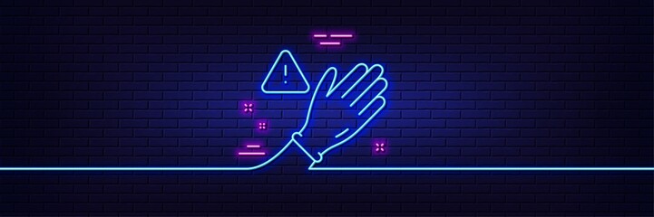 Neon light glow effect. Dont touch without gloves line icon. Hand warning sign. Hygiene notification symbol. 3d line neon glow icon. Brick wall banner. Use gloves outline. Vector