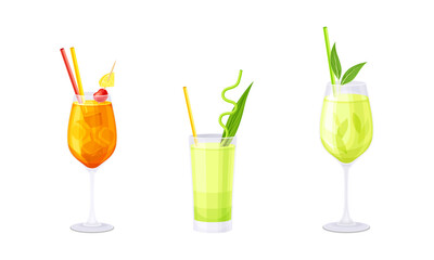 Glasses of summer alcoholic and non alcoholic refreshing cocktails set vector illustration