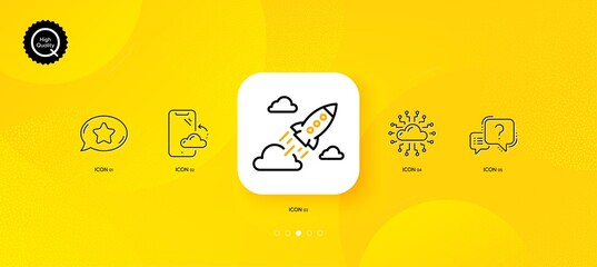 Fototapeta na wymiar Startup rocket, Cloud network and Question mark minimal line icons. Yellow abstract background. Favorite chat, Smartphone cloud icons. For web, application, printing. Vector
