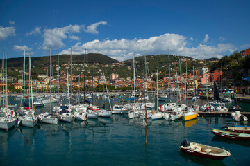 Fototapeta na wymiar Seaport of Lerici, Italy , with boats and yachts. City embankmen