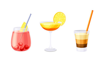Glasses of refreshing drinks set. Summer tropical cocktails vector illustration