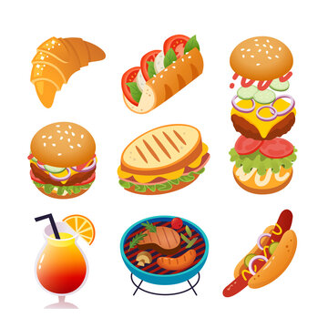 Collection of burgers sandwiches hot dog and grilled meat. Images for menu designs  Isolated vector illustrations. Street food images. French, USA, Italian and vegetarian cuisines. Vector icons.