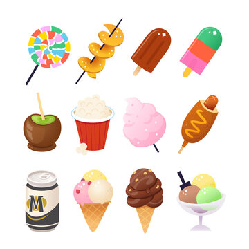 Collection of common snacks for many parties and events. Funfair, beach or pool party, game at stadium. Isolated vector images as elements for poster, card, textile, invitations designs and prints.