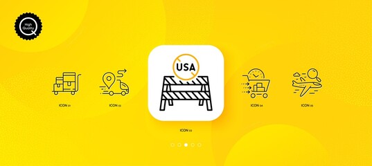 Fototapeta na wymiar Usa close borders, Search flight and Food delivery minimal line icons. Yellow abstract background. Delivery, Inventory cart icons. For web, application, printing. Vector