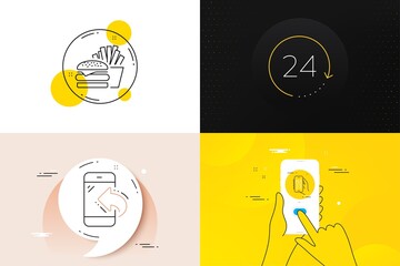 Minimal set of Burger, Incoming call and 24 hours line icons. Phone screen, Quote banners. Restaurant app icons. For web development. Cheeseburger, Phone support, Time. Smartphone food. Vector