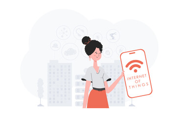 IoT concept. The girl is holding a phone with the IoT logo in her hands. Vector illustration in trendy flat style.