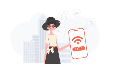 Internet of things and automation concept. A woman holds a phone with the IoT logo in her hands. Trendy flat style. Vector illustration.