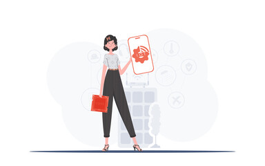 Internet of things and automation concept. A woman holds a phone with the IoT logo in her hands. Vector.