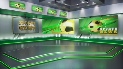 3D rendering Virtual TV Sport Studio News, Backdrop For TV Shows. TV On Wall. Advertising area, workspace mock up. 2 in 1 footage. Looping animation.