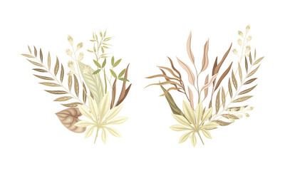 Dried bouquets of tropical leaves and plants set. Pastel watercolor botanical decor elements vector illustration