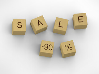 inscription from the sale of wooden cubes minus ninety percent. wooden cubes on white background. Horizontal image. 3D image. 3D rendering.