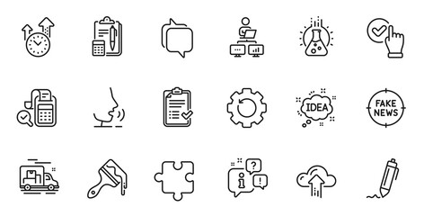 Outline set of Idea, Time management and Bill accounting line icons for web application. Talk, information, delivery truck outline icon. Include Puzzle, Accounting, Brush icons. Vector