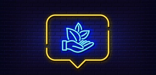 Neon light speech bubble. Organic product line icon. No artificial colors sign. Natural flavors symbol. Neon light background. Organic product glow line. Brick wall banner. Vector