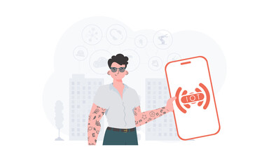 Internet of things and automation concept. A man holds a phone with the IoT logo in his hands. Vector.