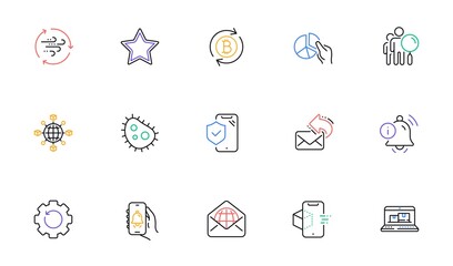 Information bell, Search people and Web inventory line icons for website, printing. Collection of Logistics network, Star, Web mail icons. Bacteria, Refresh bitcoin, Pie chart web elements. Vector