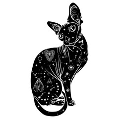 black magical cats, Mystic Sphynx cat with crescent moon esoteric symbol, constellation, stars magical elements. Magical cat,witchy black cat
