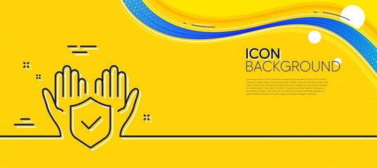 Obraz na płótnie Canvas Insurance hands line icon. Abstract yellow background. Risk coverage sign. Policyholder protection symbol. Minimal insurance hand line icon. Wave banner concept. Vector