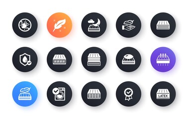 Mattress icons set. Memory foam, Breathable, latex. Washable pillow, bed tick icons. Light weight, natural material, pocket sprung mattress. Bed mite, antiallergic latex. Circle web buttons. Vector