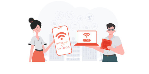 IOT and automation concept. The girl and the guy are a team in the field of IoT. Good for presentations and websites. Vector illustration in flat style.