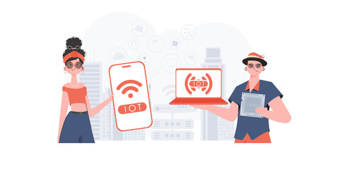 IoT concept. A man and a woman are a team in the field of the Internet of things. Good for websites and presentations. Trendy flat style. Vector.