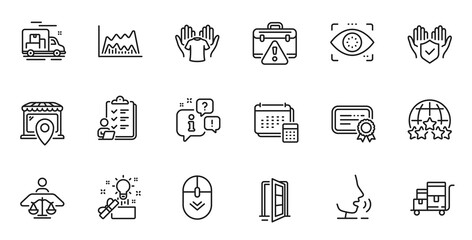 Outline set of Checklist, Court judge and Hold t-shirt line icons for web application. Talk, information, delivery truck outline icon. Vector
