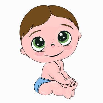 Newborn baby boy sitting in blue panties isolated on white background. Greeting card with cartoon baby boy. Lovely tender vector illustration for a children's holiday.