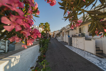 Streets and buildings in the street of Fira (Thera) city on the island of Santorini, Greece. - obrazy, fototapety, plakaty