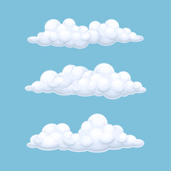 Abstract white clouds on blue sky set. Nature weather elements, web icons vector illustration