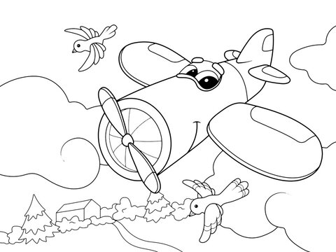 Live Plane In The Sky. Children Coloring Book, Vector.