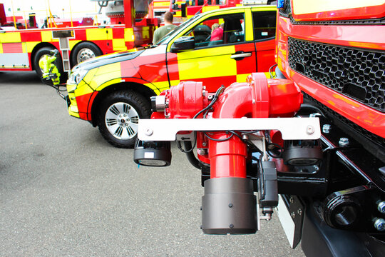  Fire trucks with equipment is exhibited.
