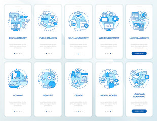 Important life skills blue onboarding mobile app screen set. Learning walkthrough 5 steps editable graphic instructions with linear concepts. UI, UX, GUI template. Myriad Pro-Bold, Regular fonts used