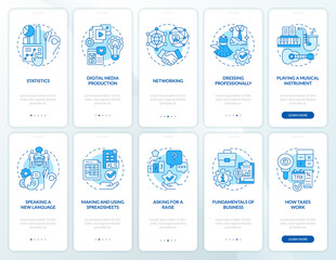 Fototapeta na wymiar Important skills for life blue onboarding mobile app screen set. Walkthrough 5 steps editable graphic instructions with linear concepts. UI, UX, GUI template. Myriad Pro-Bold, Regular fonts used