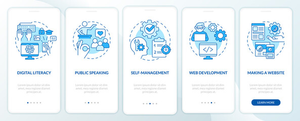 Important competencies blue onboarding mobile app screen. Profession walkthrough 5 steps editable graphic instructions with linear concepts. UI, UX, GUI template. Myriad Pro-Bold, Regular fonts used