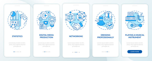 Professional skills blue onboarding mobile app screen. Career walkthrough 5 steps editable graphic instructions with linear concepts. UI, UX, GUI template. Myriad Pro-Bold, Regular fonts used