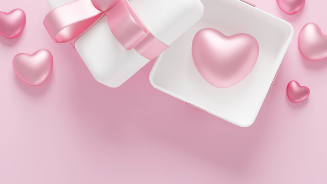 Gift box with hearts on pink background 3D render