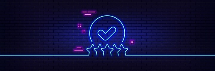 Neon light glow effect. Rating stars line icon. Approved ranking sign. Verified high rank symbol. 3d line neon glow icon. Brick wall banner. Rating stars outline. Vector