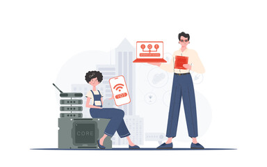 IOT and automation concept. The girl and the guy are a team in the field of Internet of things. Good for websites and presentations. Vector illustration in flat style.