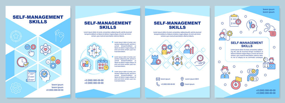 Self-management skills blue brochure template. Efficiency. Leaflet design with linear icons. Editable 4 vector layouts for presentation, annual reports. Arial-Black, Myriad Pro-Regular fonts used