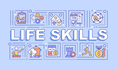 Life skills word concepts purple banner. Important competencies. Infographics with editable icons on color background. Isolated typography. Vector illustration with text. Arial-Black font used - obrazy, fototapety, plakaty