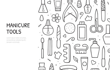 Hand drawn doodle of manicure equipment. Nail salon template design. Web banner. Vector illustration.