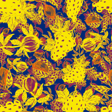 Creative seamless pattern with fruits: lemons, oranges, grapes and pomegranates. Oil paint effect. Bright summer print. Great design for any purposes	