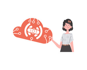 The girl is holding the IoT icon in her hands. IOT and automation concept. Isolated. Vector.