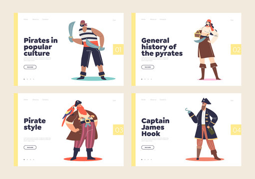 Pirates in popular culture concept of landing pages set with cartoon pirate ship sailors, captains