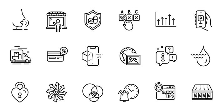 Outline set of Parking app, Market seller and Web photo line icons for web application. Talk, information, delivery truck outline icon. Include Cashback, Growth chart, Alarm clock icons. Vector