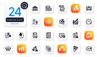 Set of Education flat icons. 24 hours, Accounting checklist and Report elements for web application. Stress, Employee result, Message icons. Comment, Justice scales, Inspect elements. Vector