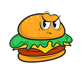 Funny burger, Cartoon retro characters stickers, emotions with funny faces. Vector abstract comic shapes for poster, postcard, banner